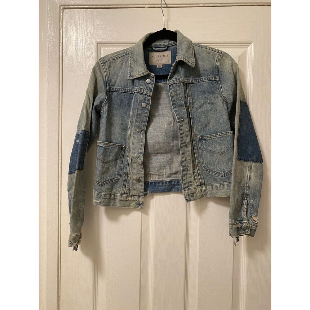 AllSaints Serene Distressed Cropped Patchwork Denim Jacket Star Studded